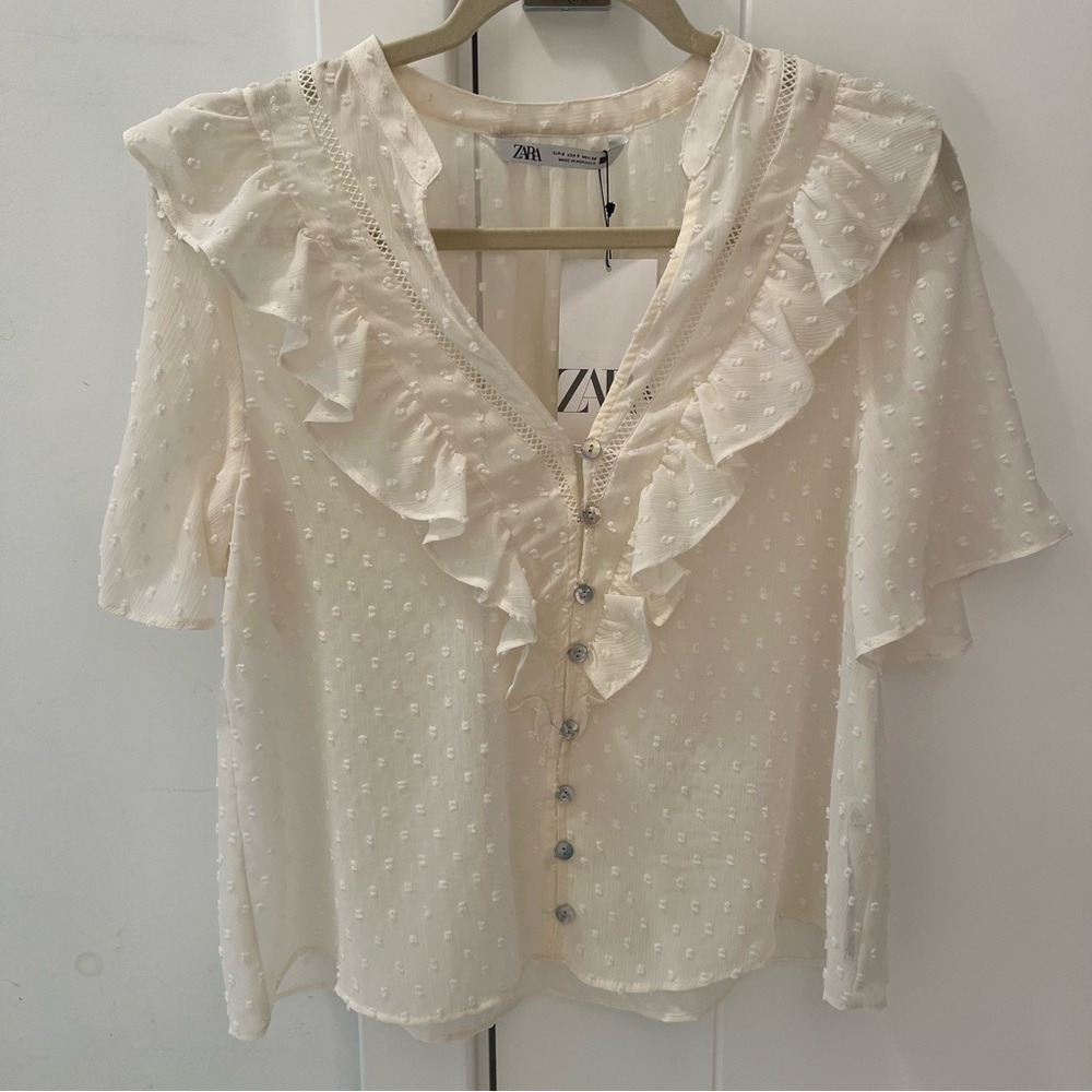 Zara Cream Swiss Dot Ruffle Button-Front Blouse